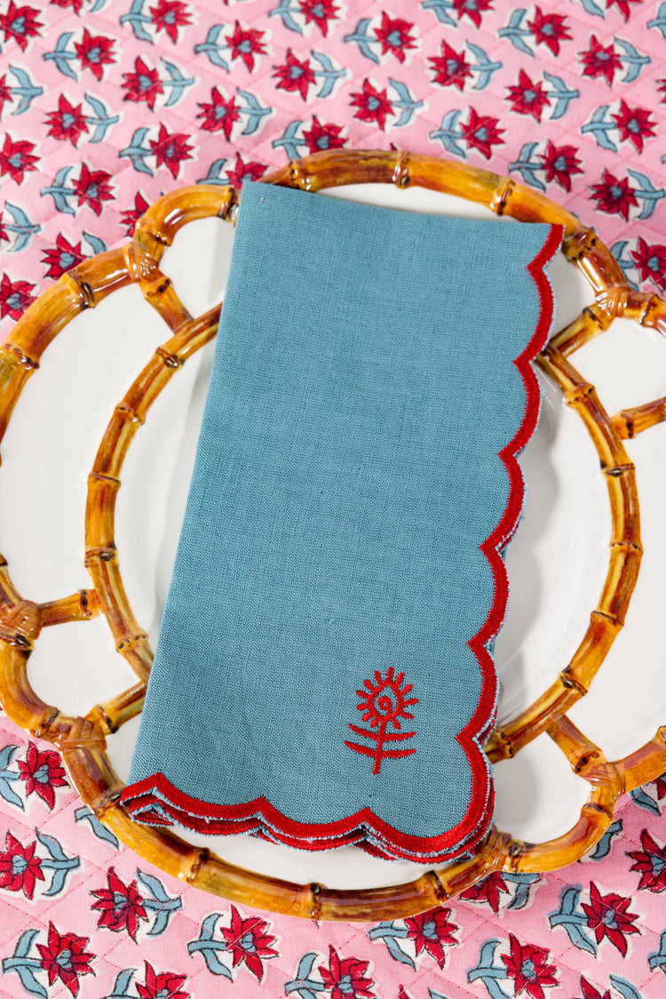 Linen Napkins S/4 - Aqua + Cherry