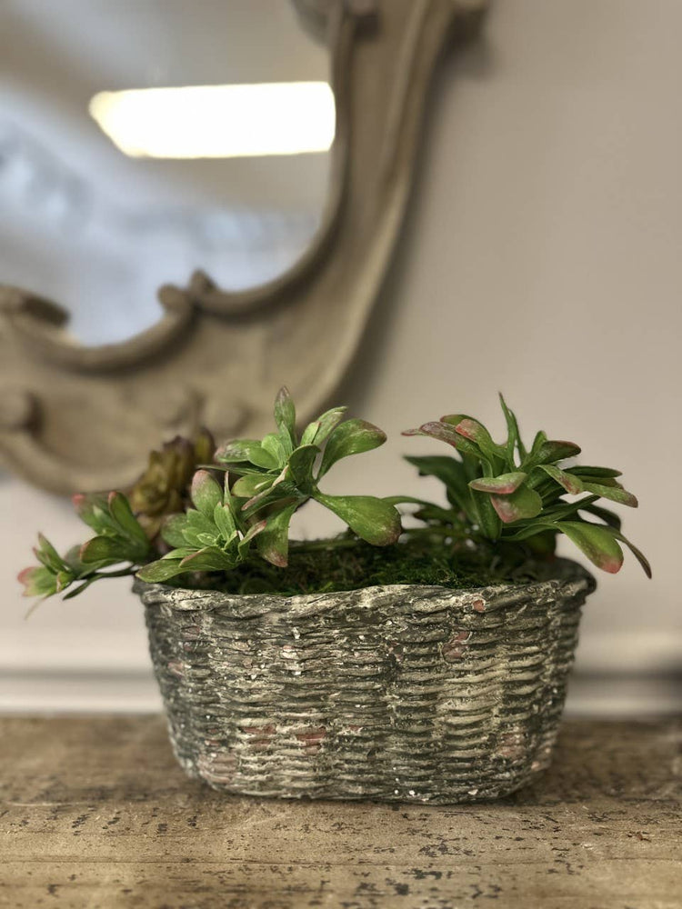 Small Concrete Oval Container with Basket Motif