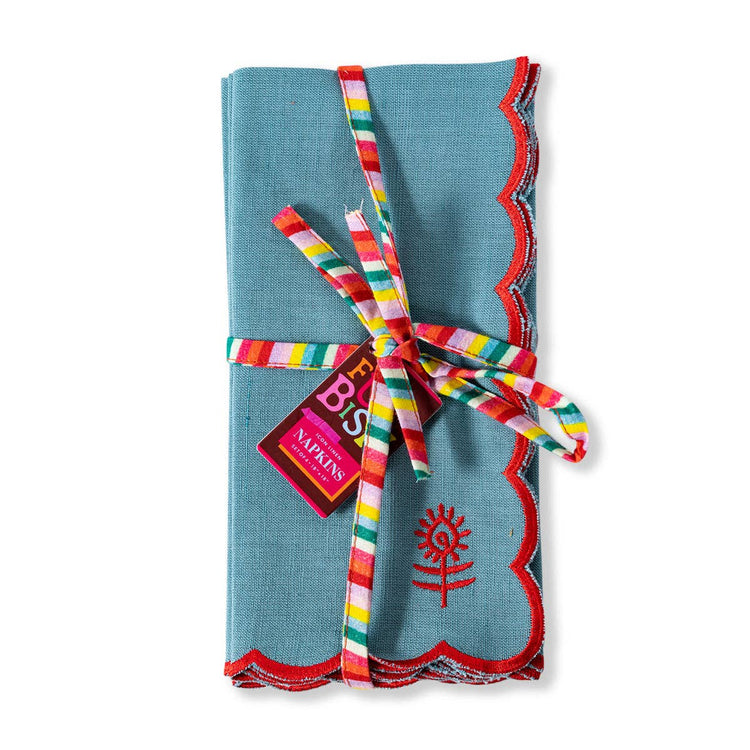 Linen Napkins S/4 - Aqua + Cherry