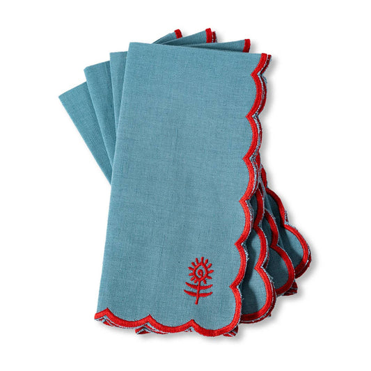 Linen Napkins S/4 - Aqua + Cherry