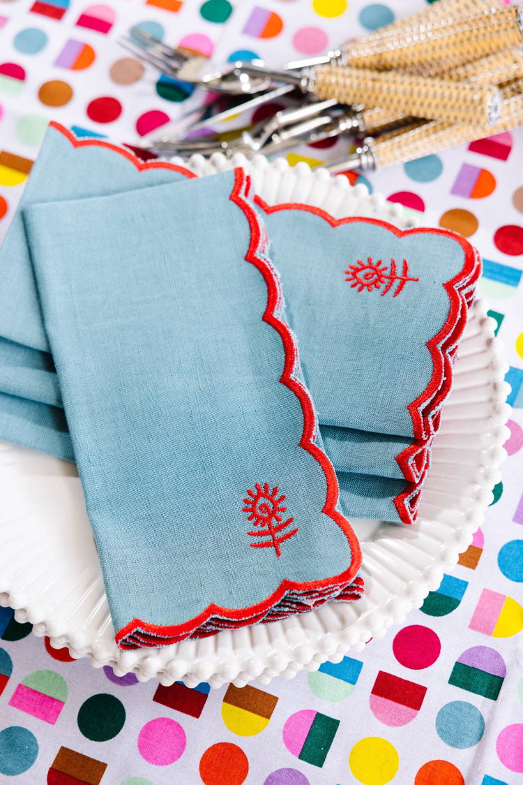 Linen Napkins S/4 - Aqua + Cherry