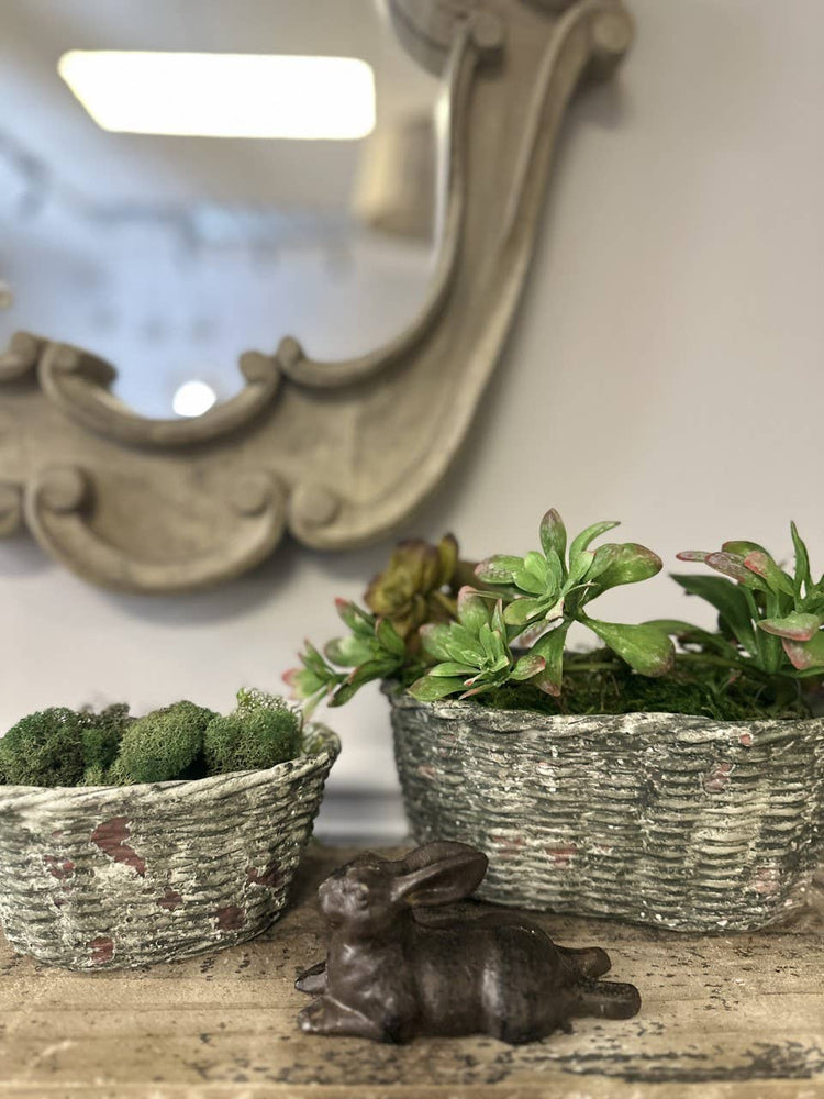 Small Concrete Oval Container with Basket Motif