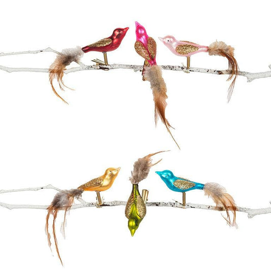 Vintage Style Feather Tail Bird Clip Ornaments S/6