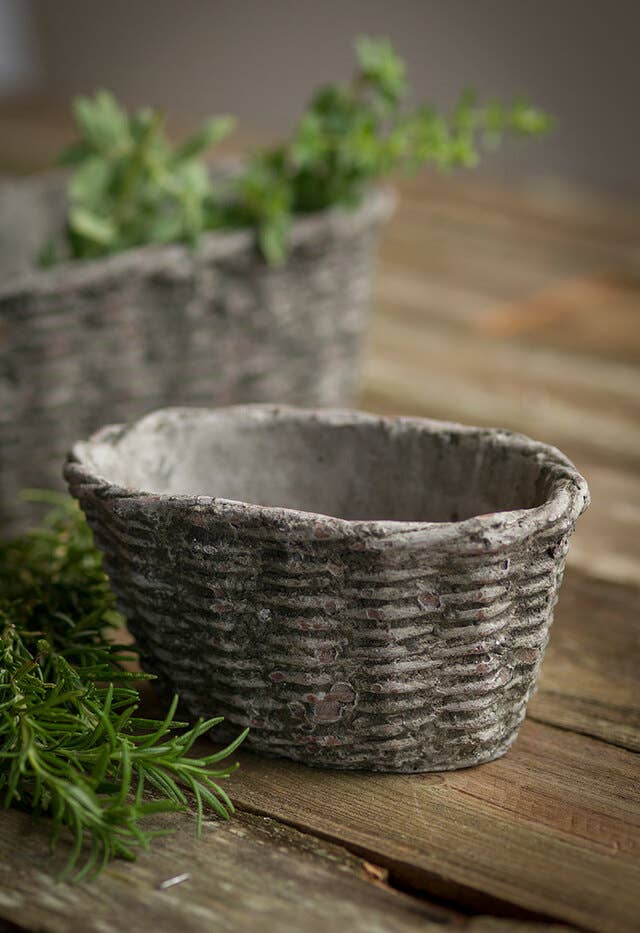 Small Concrete Oval Container with Basket Motif